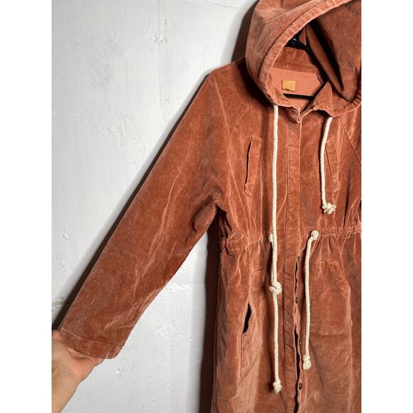 POL Womens Corduroy Long Jacket Rust Orange Size Small Hooded Button Down - Picture 2 of 7